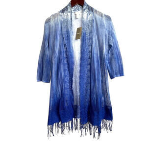 Chico's Open Knit Kerrigan Cardigan Small 0‎ Fringe 3/4 Sleeve Ocean Blue NWT